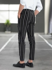 Manfinity Hombres Pantalones de rayas con bolsillo oblicuo - Blanco y Negro - Ver 2