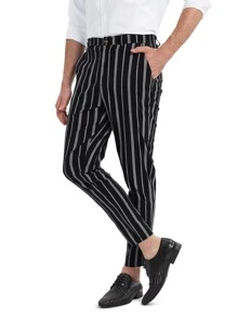 Manfinity Hombres Pantalones de rayas con bolsillo oblicuo - Blanco y Negro - Ver 3