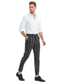 Manfinity Hombres Pantalones de rayas con bolsillo oblicuo - Blanco y Negro - Ver 4