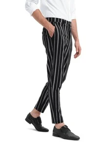 Manfinity Hombres Pantalones de rayas con bolsillo oblicuo - Blanco y Negro - Ver 5