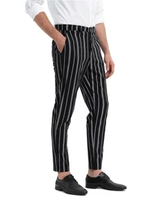 Manfinity Hombres Pantalones de rayas con bolsillo oblicuo - Blanco y Negro - Ver 6