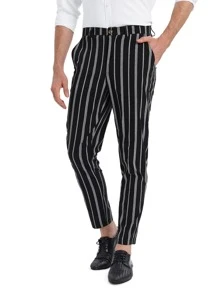 Manfinity Hombres Pantalones de rayas con bolsillo oblicuo - Blanco y Negro - Ver 7