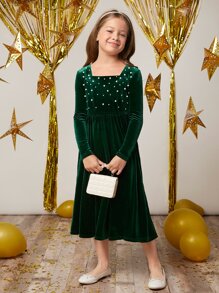 SHEIN Girls Pearls Beaded Square Neck Velvet Dress - Dark Green - View 3