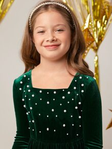 SHEIN Girls Pearls Beaded Square Neck Velvet Dress - Dark Green - View 5