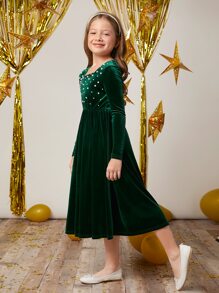 SHEIN Girls Pearls Beaded Square Neck Velvet Dress - Dark Green - View 6