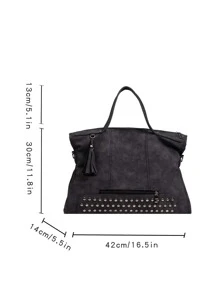 復古和時尚大容量通勤托特包帶鉚釘和流蘇,多用途