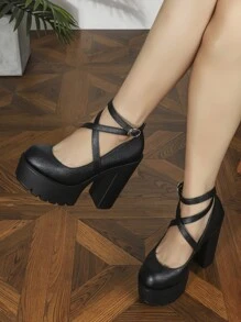Textured Nền tảng Giày cao gót Mary Jane , Cao Nền tảng Đen Màu sắc Punk Khóa Chất rắn Dây đeo mắt cá chân Của phụ nữ Giày cao gót - màu đen - Xem 3