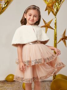 SHEIN 年輕女孩們毛茸茸斗篷外套和亮片拼接多層下擺網紗派對禮服 - 彩色 - 查看 1