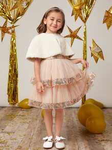 SHEIN 年輕女孩們毛茸茸斗篷外套和亮片拼接多層下擺網紗派對禮服 - 彩色 - 查看 3