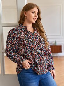SHEIN Frenchy Plus Ditsy Floral Notched Neck Blouse - Multicolor - View 5