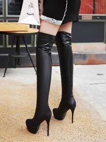 Stiletto Heeled Sock Boots - Black - View 3