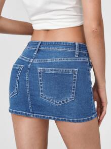 SHEIN EZwear Zipper Fly Denim Skirt - Medium Wash - View 2