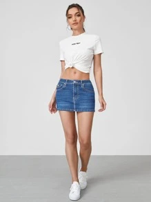 SHEIN EZwear Zipper Fly Denim Skirt - Medium Wash - View 5