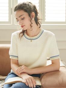 Knit Mix French Knit Commuter Women's Striped Crew Neck Short Sleeve Loose Fit Colorblock T-Shirt, Spring & Fall Casual Wear Back To School Fall Women Clothes Autumn - Beige - View 1