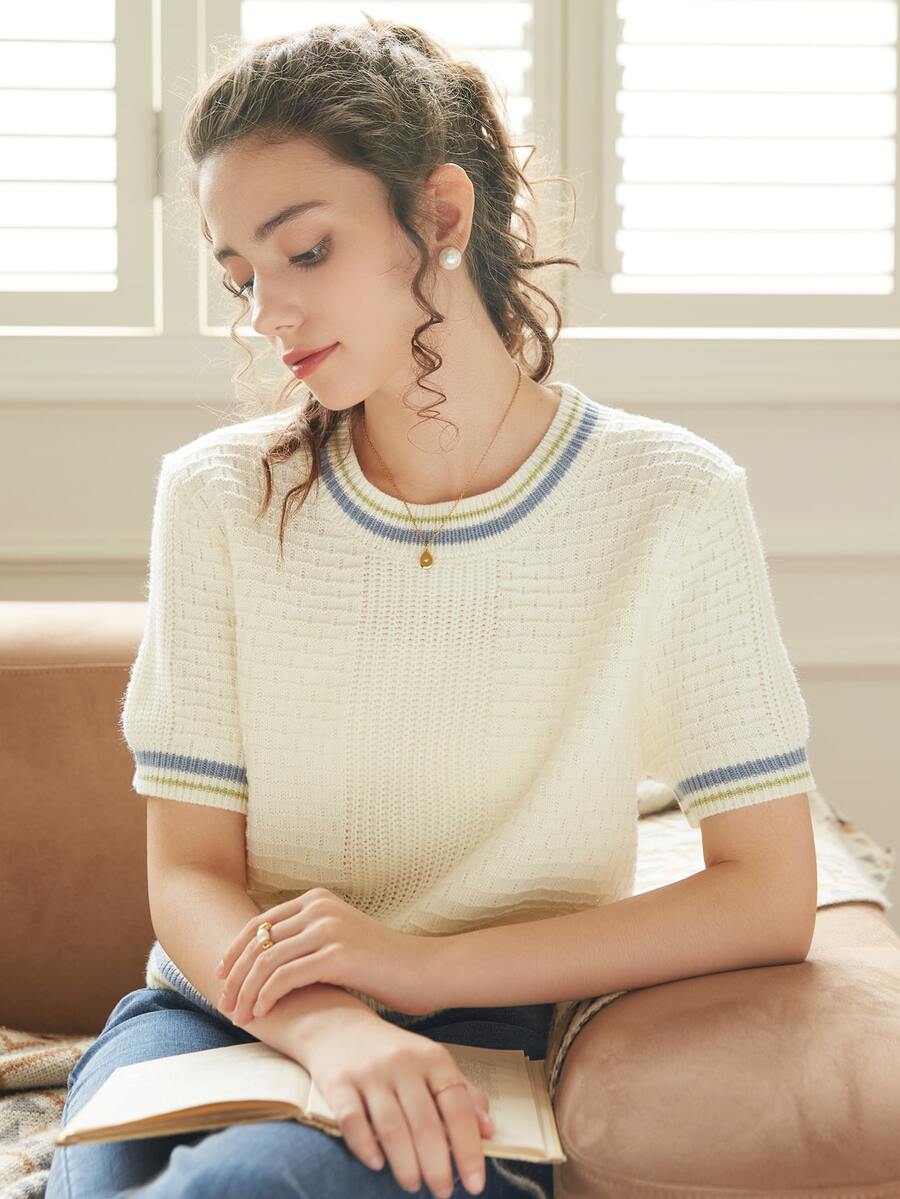 Knit Mix French Knit Commuter Women's Striped Crew Neck Short Sleeve Loose Fit Colorblock T-Shirt, Spring & Fall Casual Wear Back To School Fall Women Clothes Autumn - Beige - View 1