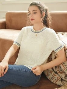 Knit Mix French Knit Commuter Women's Striped Crew Neck Short Sleeve Loose Fit Colorblock T-Shirt, Spring & Fall Casual Wear Back To School Fall Women Clothes Autumn - Beige - View 3