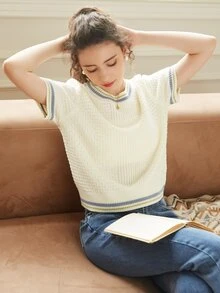 Knit Mix French Knit Commuter Women's Striped Crew Neck Short Sleeve Loose Fit Colorblock T-Shirt, Spring & Fall Casual Wear Back To School Fall Women Clothes Autumn - Beige - View 8