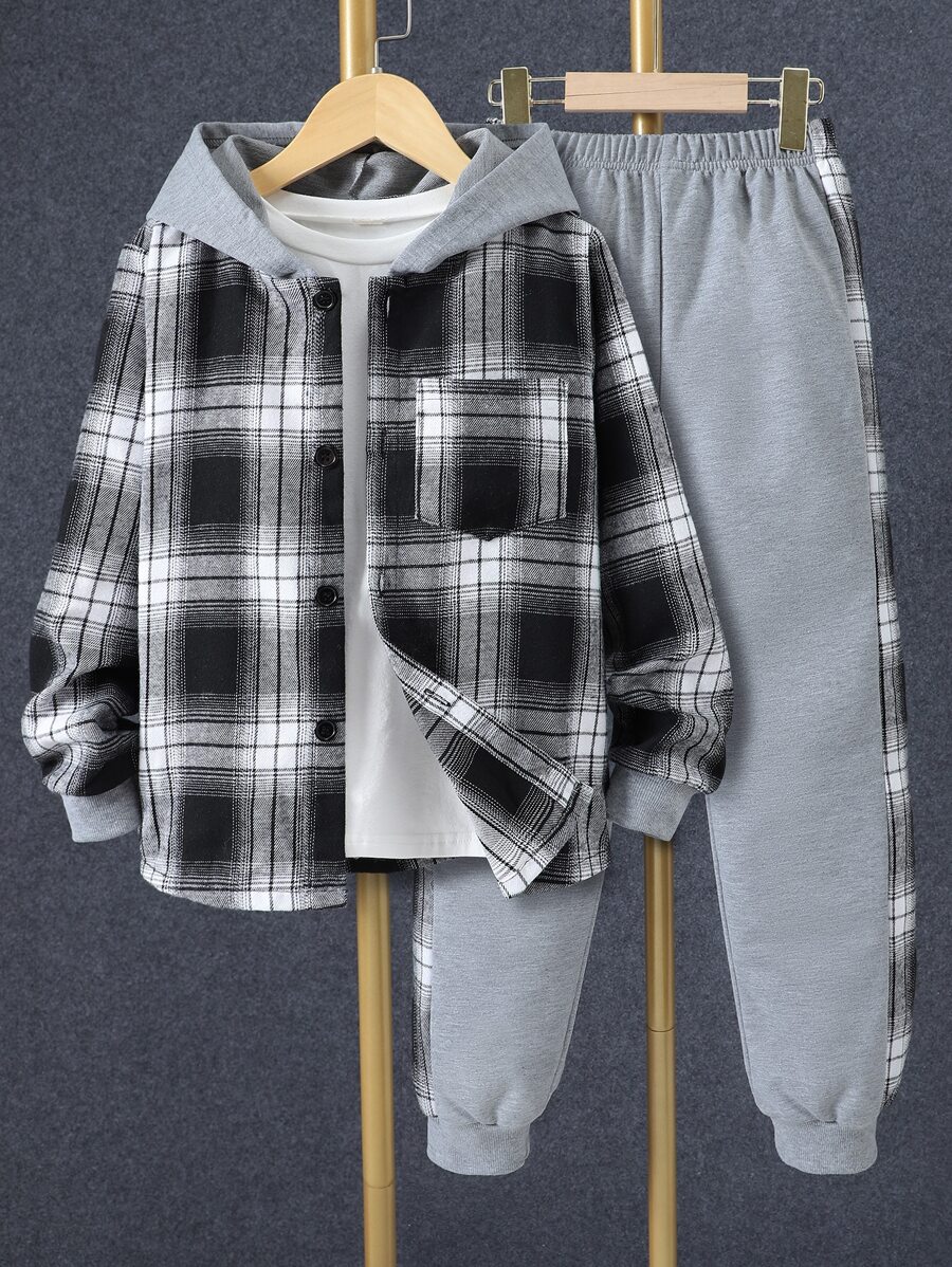 SHEIN Tween Boy 1 件格子印花纽扣前连帽衬衫和 1 件运动裤 - 彩色 - 查看 1