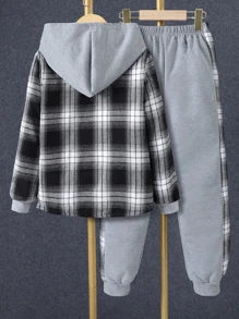 SHEIN Tween Boy 1 件格子印花纽扣前连帽衬衫和 1 件运动裤 - 彩色 - 查看 2