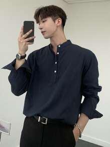 DAZY 男士棉素色半排扣襯衫 - 藏蓝色 - 查看 1