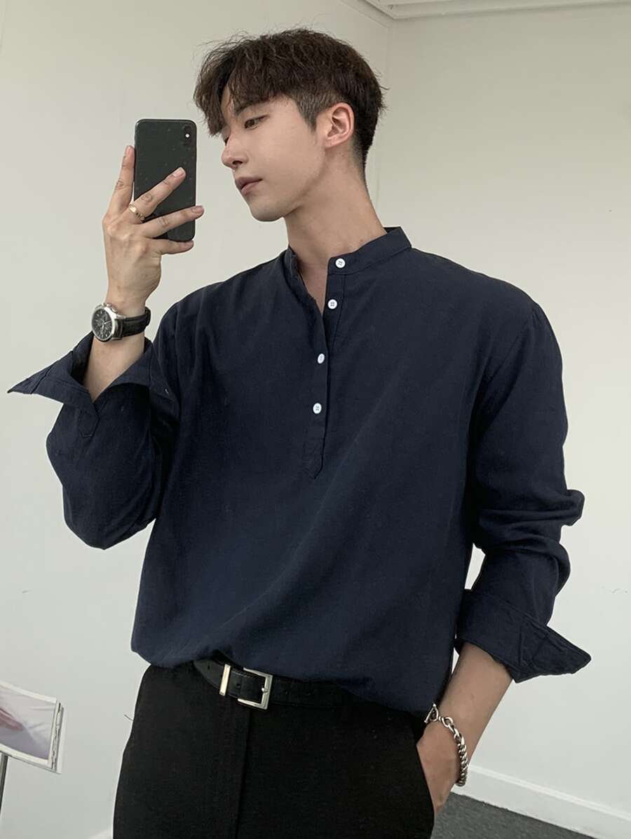 DAZY 男士棉素色半排扣襯衫 - 藏蓝色 - 查看 1