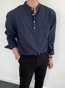 DAZY 男士棉素色半排扣襯衫 - 藏蓝色 - 查看 2