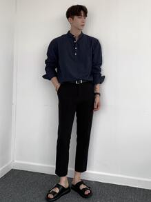 DAZY 男士棉素色半排扣襯衫 - 藏蓝色 - 查看 3