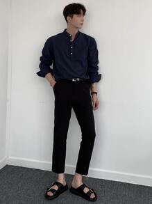 DAZY 男士棉素色半排扣襯衫 - 藏蓝色 - 查看 4