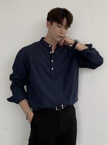 DAZY 男士棉素色半排扣襯衫 - 藏蓝色 - 查看 5