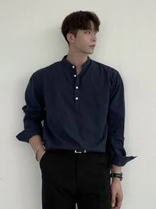 DAZY 男士棉素色半排扣襯衫 - 藏蓝色 - 查看 6