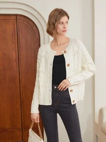 MOTF PREMIUM WOOL-MIX CABLE KNIT CARDIGAN - Beige - View 2