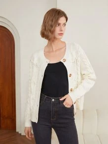 MOTF PREMIUM WOOL-MIX CABLE KNIT CARDIGAN - Beige - View 7