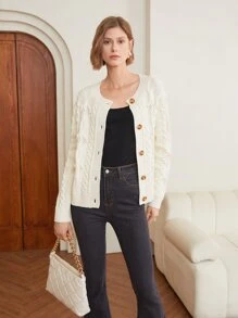 MOTF PREMIUM WOOL-MIX CABLE KNIT CARDIGAN - Beige - View 5