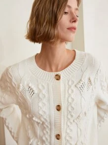 MOTF PREMIUM WOOL-MIX CABLE KNIT CARDIGAN - Beige - View 3