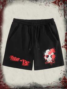 ROMWE MEN WB Horror | ROMWE Guys Skull Print Shorts - Black - View 7