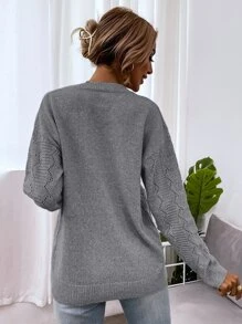 SHEIN LUNE Drop Shoulder Pointelle Knit Sweater - Light Grey - View 2