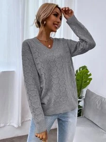 SHEIN LUNE Drop Shoulder Pointelle Knit Sweater - Light Grey - View 3