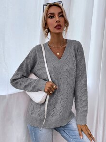SHEIN LUNE Drop Shoulder Pointelle Knit Sweater - Light Grey - View 4
