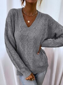 SHEIN LUNE Drop Shoulder Pointelle Knit Sweater - Light Grey - View 5