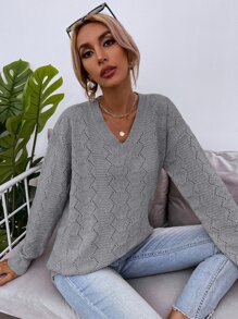 SHEIN LUNE Drop Shoulder Pointelle Knit Sweater - Light Grey - View 6