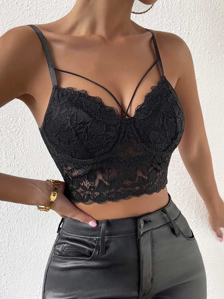 Chiquease Top de tirantes unicolor con tira cruzada corto con encaje - Negro - Añade 3