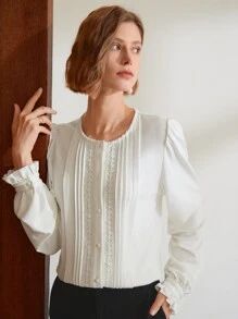 MOTF PREMIUM Blusa viscosa fruncido con encaje - Blanco - Ver 6