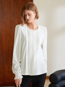 MOTF PREMIUM Blusa viscosa fruncido con encaje - Blanco - Ver 9