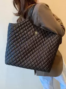 Lightweight,Business Casual Large Capacity Double Handle Quilted Shoulder Tote Bag For Female Flower Decor Quilted Top Handle Bag For Teen Girls Women College Students,Rookies & White-Collar Workers Perfect For Office,College,Work ,Business,Commute,Outdoors, Travel, Outings, Work Bag Women, Ideal For Everyday Elegance & Special Occasions , Office Bag - Black - View 3