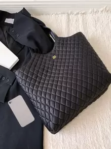 Lightweight,Business Casual Large Capacity Double Handle Quilted Shoulder Tote Bag For Female Flower Decor Quilted Top Handle Bag For Teen Girls Women College Students,Rookies & White-Collar Workers Perfect For Office,College,Work ,Business,Commute,Outdoors, Travel, Outings, Work Bag Women, Ideal For Everyday Elegance & Special Occasions , Office Bag - Black - View 4