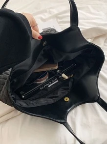 Lightweight,Business Casual Large Capacity Double Handle Quilted Shoulder Tote Bag For Female Flower Decor Quilted Top Handle Bag For Teen Girls Women College Students,Rookies & White-Collar Workers Perfect For Office,College,Work ,Business,Commute,Outdoors, Travel, Outings, Work Bag Women, Ideal For Everyday Elegance & Special Occasions , Office Bag - Black - View 5