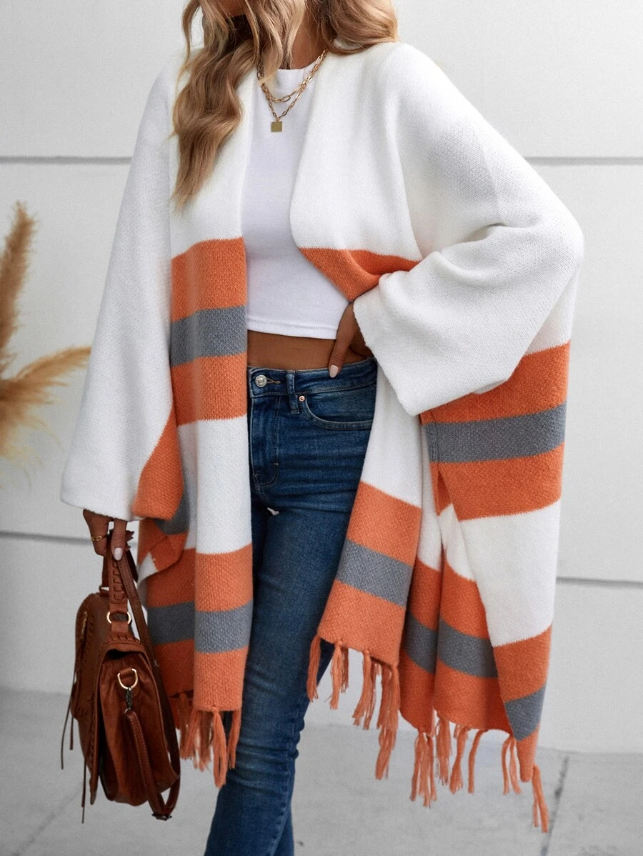 SHEIN LUNE Colour Block Fringe Trim Batwing Sleeve Cardigan - Multicolor - View 1