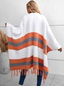 SHEIN LUNE Colour Block Fringe Trim Batwing Sleeve Cardigan - Multicolor - View 2