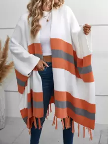 SHEIN LUNE Colour Block Fringe Trim Batwing Sleeve Cardigan - Multicolor - View 4