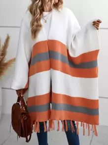 SHEIN LUNE Colour Block Fringe Trim Batwing Sleeve Cardigan - Multicolor - View 5